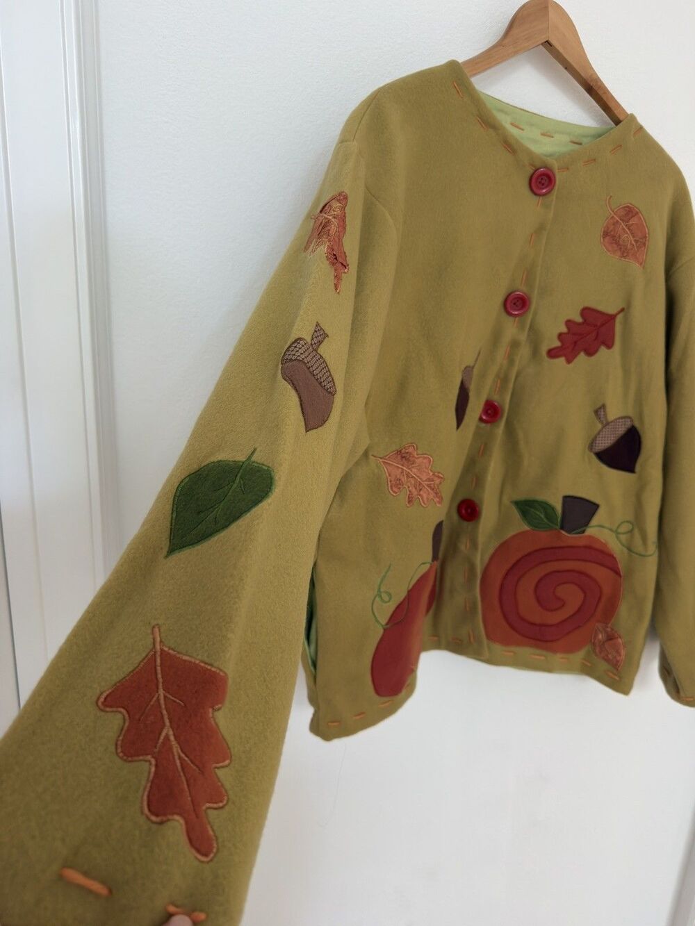 VTG 90s Y2K Autumn Pumpkin Leaf Applique Fleece Jacket Mustard Cardigan L Lined - Picture 13 of 16